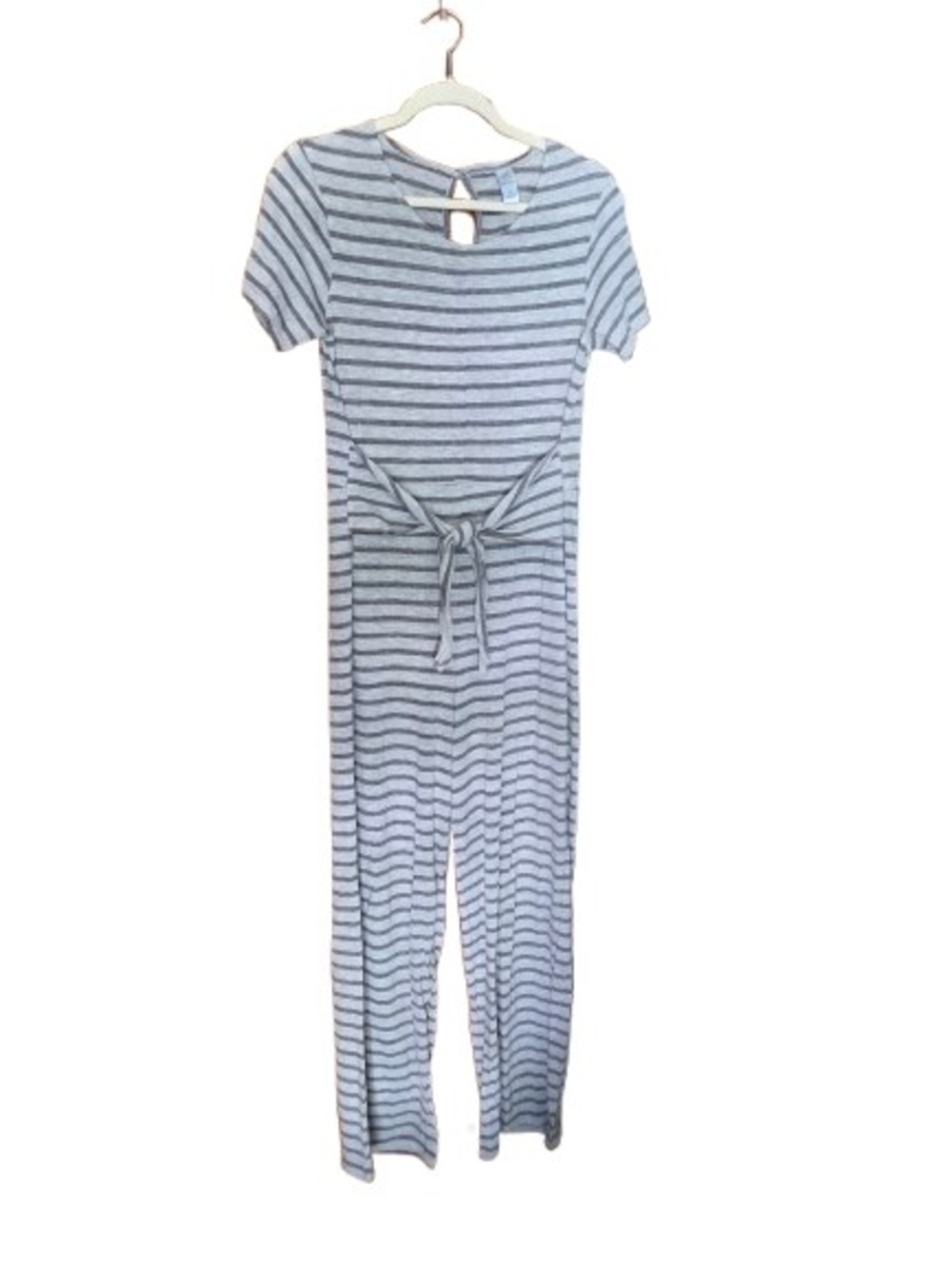 Striped Short-Sleeve Tie-Waist Jumpsuit - Gray NWOT